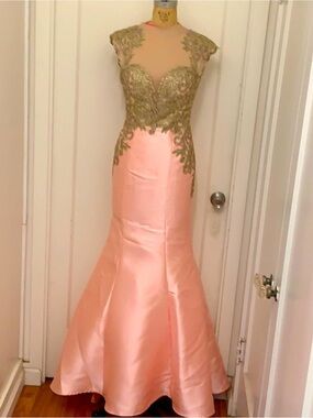 NWT Tony Bowls Pink Mikado Mermaid Gown with Stunning Gold Appliqué